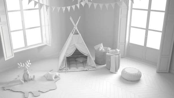 Общий белый проект детской комнаты с мебелью, ковром и десятью — стоковое фото