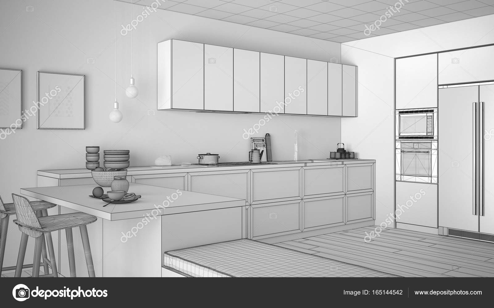 Unfinished Project Of Classic Kitchen With Wooden Details And Pa