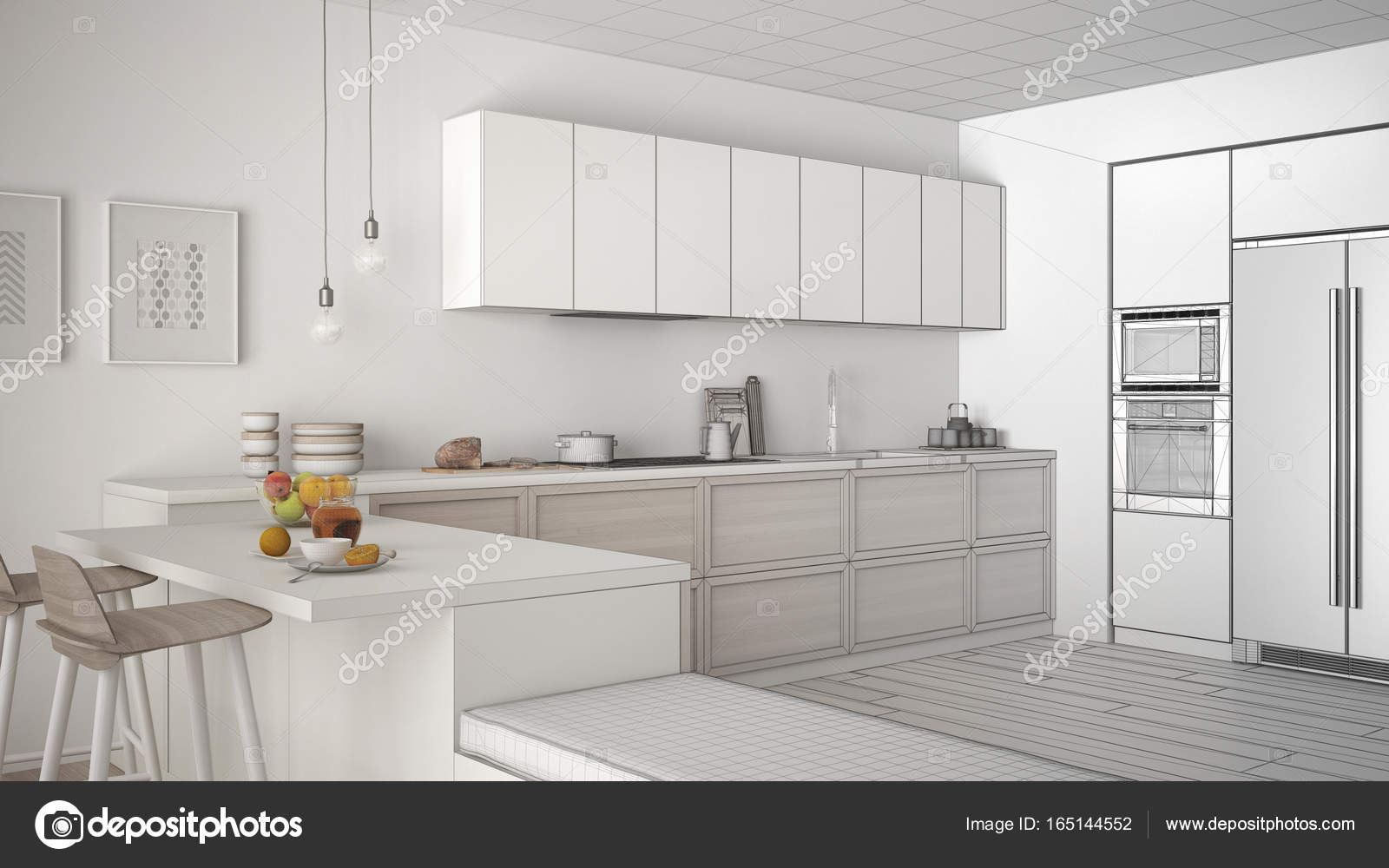 Unfinished Project Of Classic Kitchen With Wooden Details And Pa