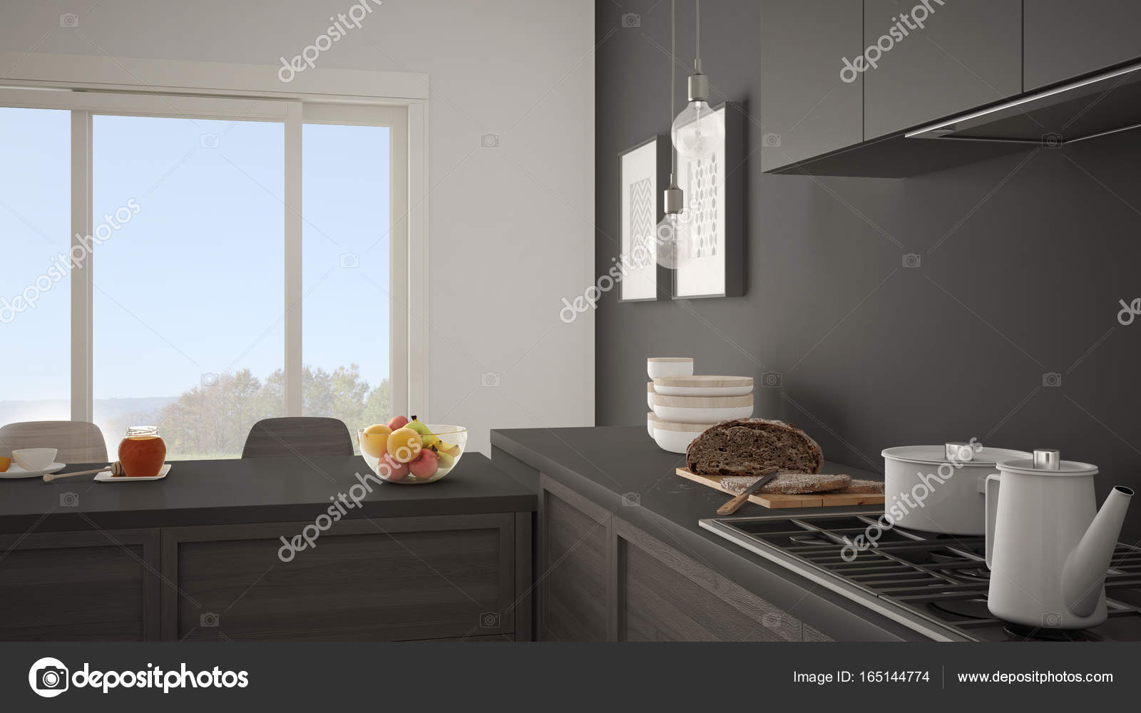 Cucina moderna con dettagli in legno e pavimento in parquet, sano br ... Cucina moderna con dettagli in legno e pavimento in parquet, sano br ...
