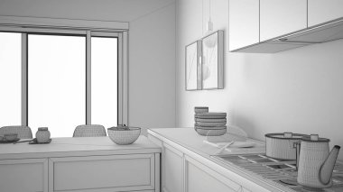 Modern mutfak ahşap detayları ve par ile tamamlanmamış proje