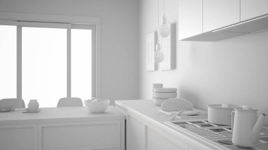 Modern mutfak, sağlıklı kahvaltı, minimum toplam beyaz proje