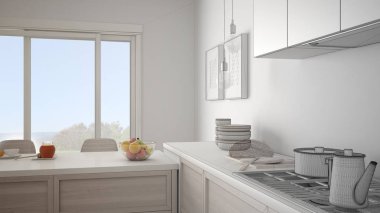 Modern mutfak ahşap detayları ve par ile tamamlanmamış proje