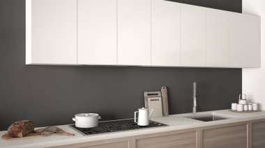 Modern mutfak ahşap detayları yakın, beyaz ve gri mini