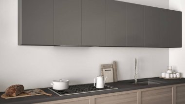 Modern mutfak ahşap detayları yakın, beyaz ve gri mini