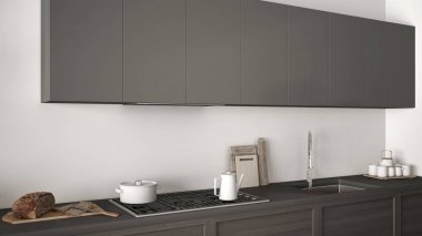 Modern mutfak ahşap detayları yakın, beyaz ve gri mini