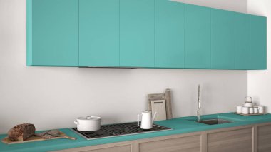 Modern mutfak ahşap detayları yakın, turkuaz minimalis