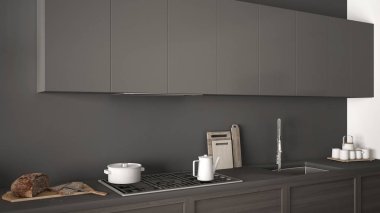 Ahşap detayları yakın, gri minimalist CIA ile modern mutfak