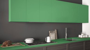 Modern mutfak ahşap detayları yakın, yeşil minimalist cl