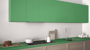 Modern mutfak ahşap detayları yakın, yeşil minimalist cl
