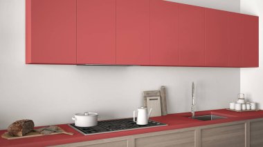 Modern mutfak ahşap detayları yakın, kırmızı minimalist clas