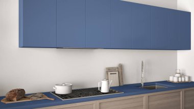 Modern mutfak ahşap detayları yakın, mavi deniz kuvvetleri minimalis