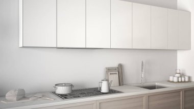 Modern mutfak ahşap detayları ile tamamlanmamış proje u kapatın