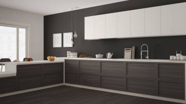 Ahşap detaylar ve parke zemin, minimalis ile klasik mutfak