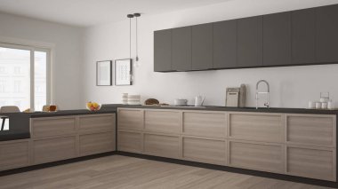 Ahşap detaylar ve parke zemin, minimalis ile klasik mutfak