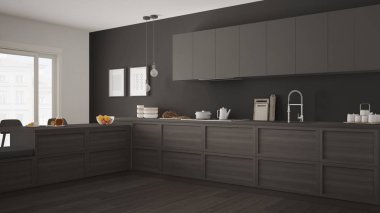 Ahşap detaylar ve parke zemin, minimalis ile klasik mutfak