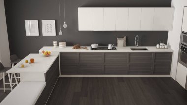 Ahşap detayları ve parke zemin, minimalist modern mutfak