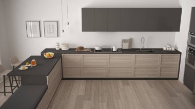 Ahşap detayları ve parke zemin, minimalist modern mutfak