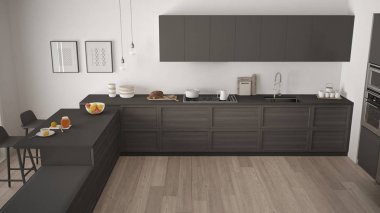 Ahşap detayları ve parke zemin, minimalist modern mutfak