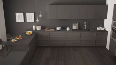Ahşap detayları ve parke zemin, minimalist modern mutfak