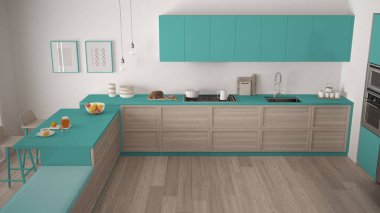 Ahşap detayları ve parke zemin, minimalist modern mutfak