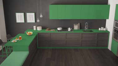 Ahşap detayları ve parke zemin, minimalist modern mutfak