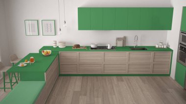 Ahşap detayları ve parke zemin, minimalist modern mutfak