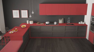 Ahşap detayları ve parke zemin, minimalist modern mutfak