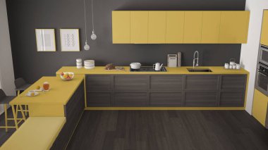 Ahşap detayları ve parke zemin, minimalist modern mutfak