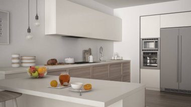 Modern mutfak ahşap uygu meyve ile sağlıklı kahvaltı
