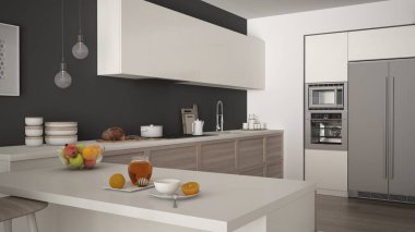 Modern mutfak ahşap uygu meyve ile sağlıklı kahvaltı