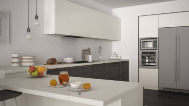 Modern mutfak ahşap uygu meyve ile sağlıklı kahvaltı