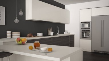 Modern mutfak ahşap uygu meyve ile sağlıklı kahvaltı