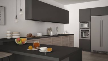 Modern mutfak ahşap uygu meyve ile sağlıklı kahvaltı
