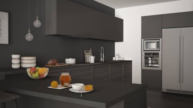Modern mutfak ahşap uygu meyve ile sağlıklı kahvaltı