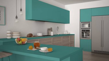 Modern mutfak ahşap uygu meyve ile sağlıklı kahvaltı