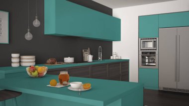 Modern mutfak ahşap uygu meyve ile sağlıklı kahvaltı