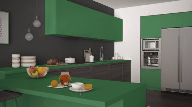 Modern mutfak ahşap uygu meyve ile sağlıklı kahvaltı