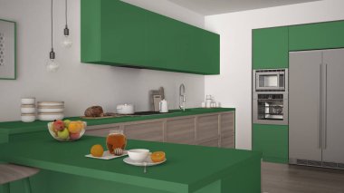 Modern mutfak ahşap uygu meyve ile sağlıklı kahvaltı