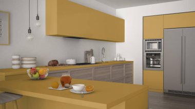 Modern mutfak ahşap uygu meyve ile sağlıklı kahvaltı