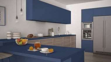 Modern mutfak ahşap uygu meyve ile sağlıklı kahvaltı