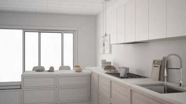 Modern mutfak ahşap detayları ve par ile tamamlanmamış proje