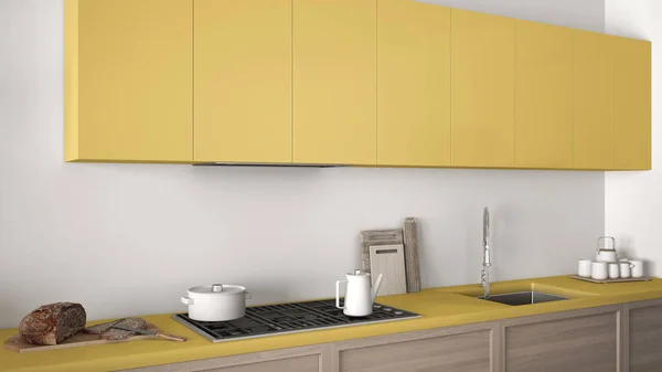 Nowoczesna kuchnia z drewnianymi elementami Zamknij się, żółty minimalistyczny c — Zdjęcie stockowe