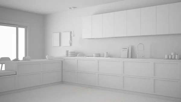Projeto branco total de cozinha clássica com piso em parquet, minim — Fotografia de Stock