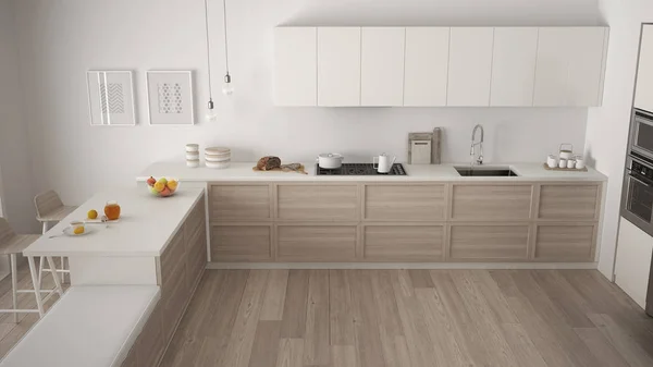 Modern kitchen with wooden details and parquet floor, minimalist — Stock Photo, Image