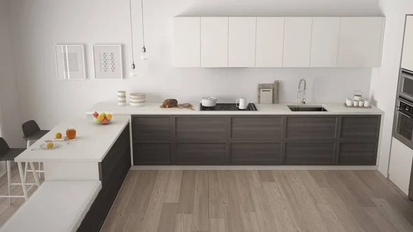 Modern kitchen with wooden details and parquet floor, minimalist — Stock Photo, Image