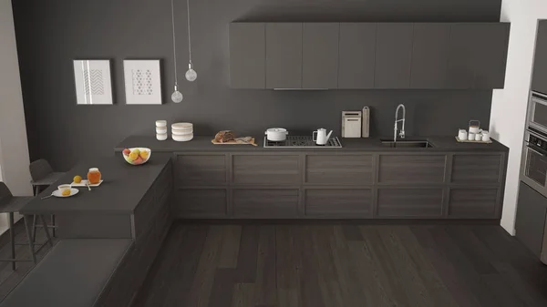 Cocina moderna con detalles de madera y suelo de parquet, minimalista — Foto de Stock