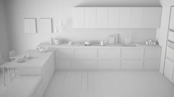 Полный белый проект классической кухни с паркетным полом, миним — стоковое фото