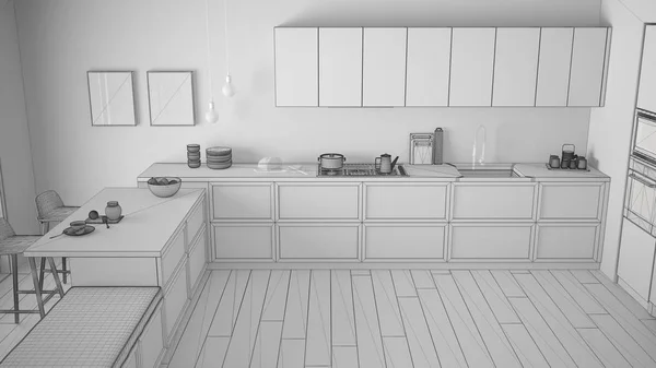 Unvollendetes Projekt der klassischen Küche mit Holzdetails und Pa — Stockfoto