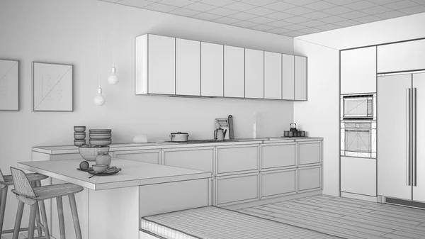 Unfinished project of classic kitchen with wooden details and pa